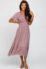 Mauve Smocked V-Neck Maternity Midi Dress by PinkBlush