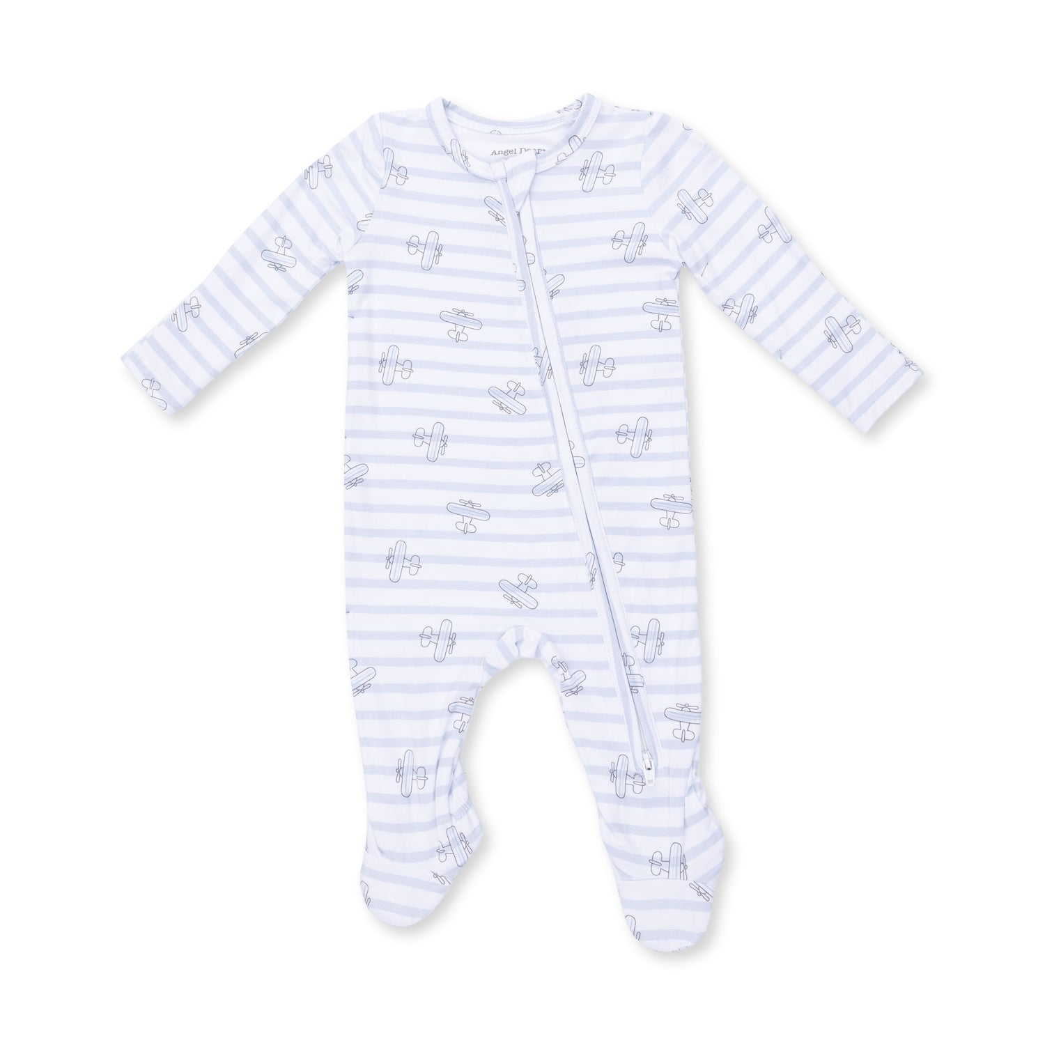 Footie pajamas in an airplane stripe print with two-way zipper, fold-over cuffs, and gripper feet