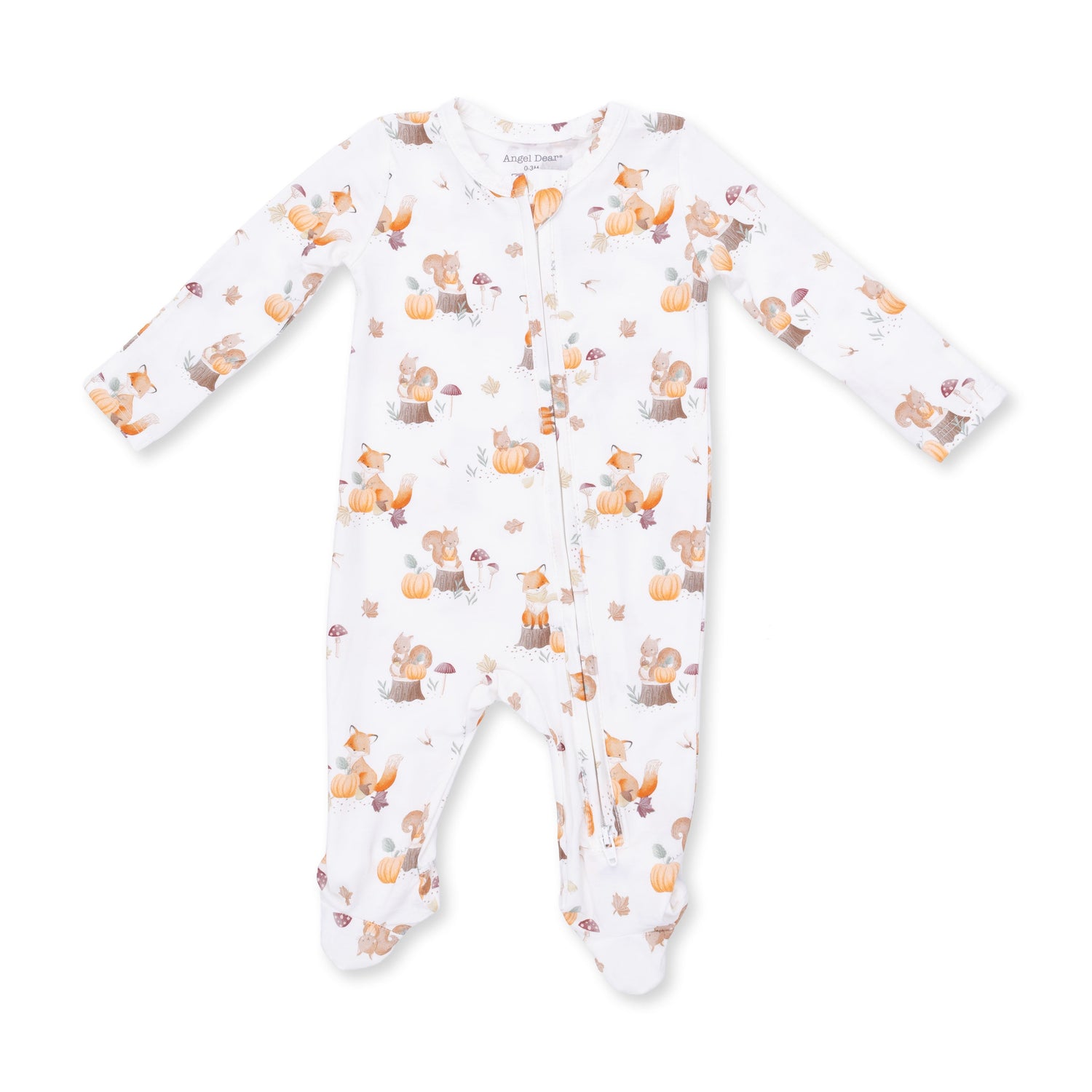 Baby footie pajamas printed with woodland animals and pumpkins, featuring a full-length two-way zipper and footed legs.
