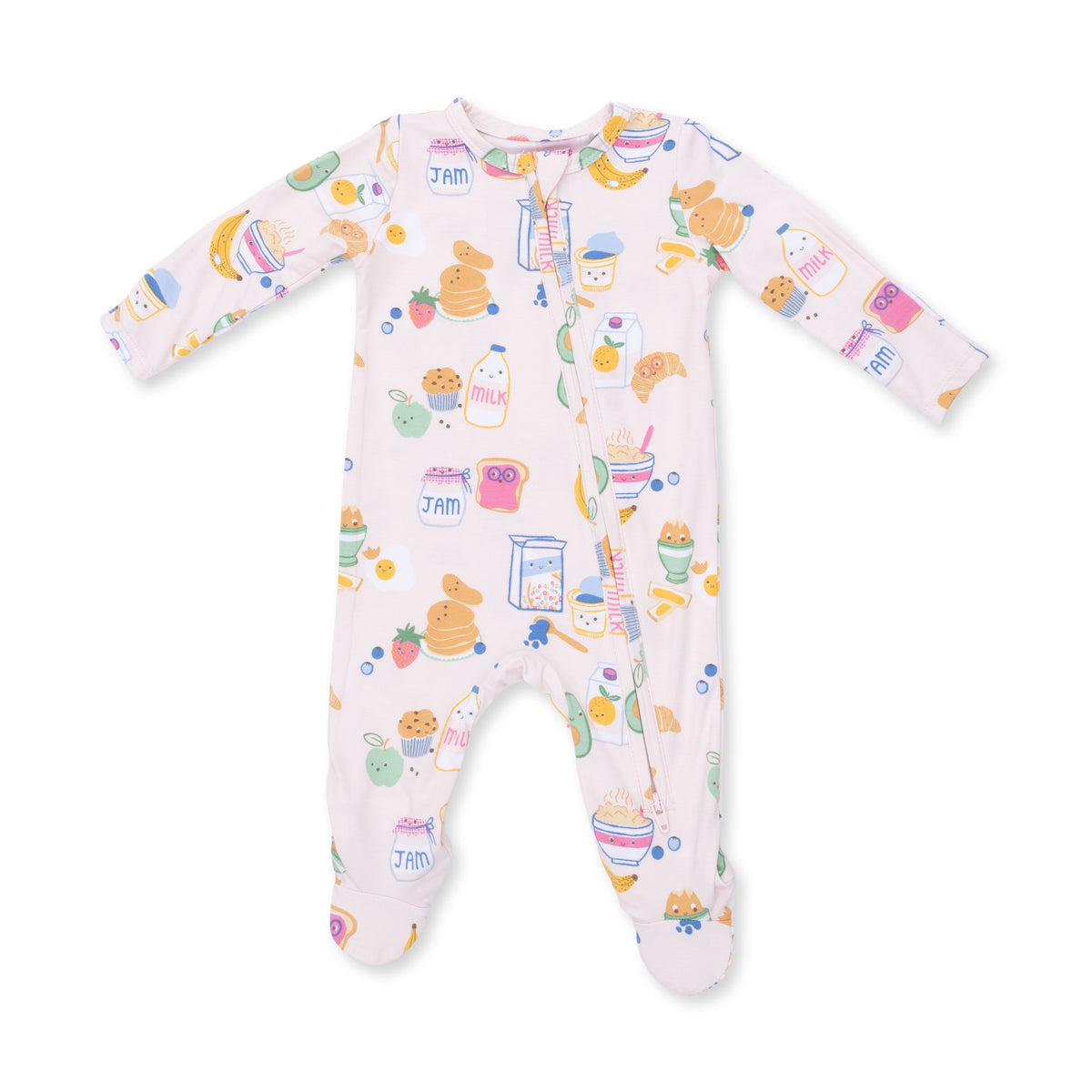 Baby footie pajamas in pink with a breakfast food print, two-way zipper, fold-over cuffs and footed grippers