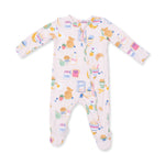 Baby footie pajamas in pink with a breakfast food print, two-way zipper, fold-over cuffs and footed grippers