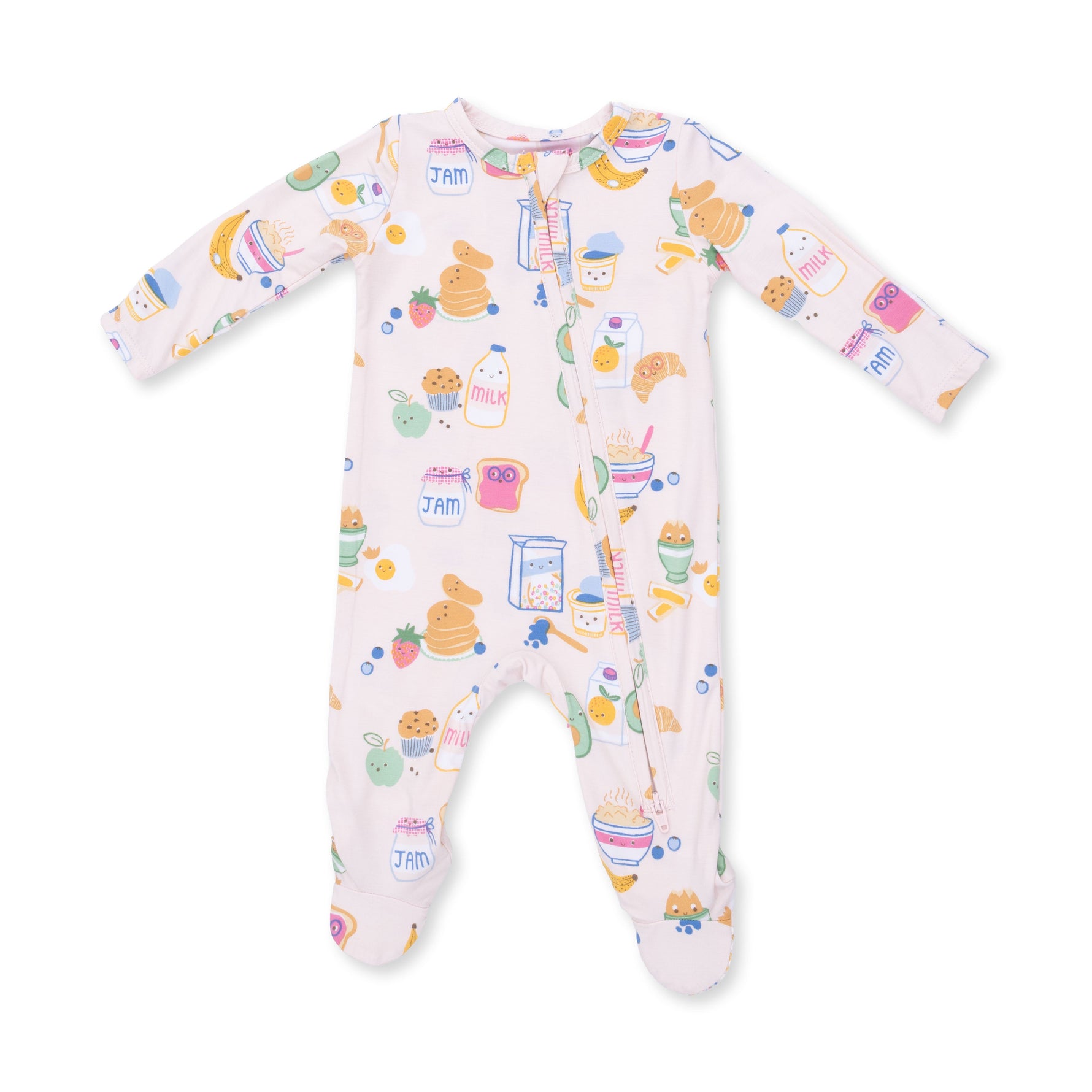 Baby footie pajamas in pink with a breakfast food print, two-way zipper, fold-over cuffs and footed grippers