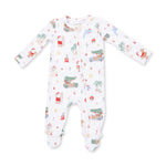 Baby footie pajamas with two-way zipper in a beach Christmas print with grippers on the feet