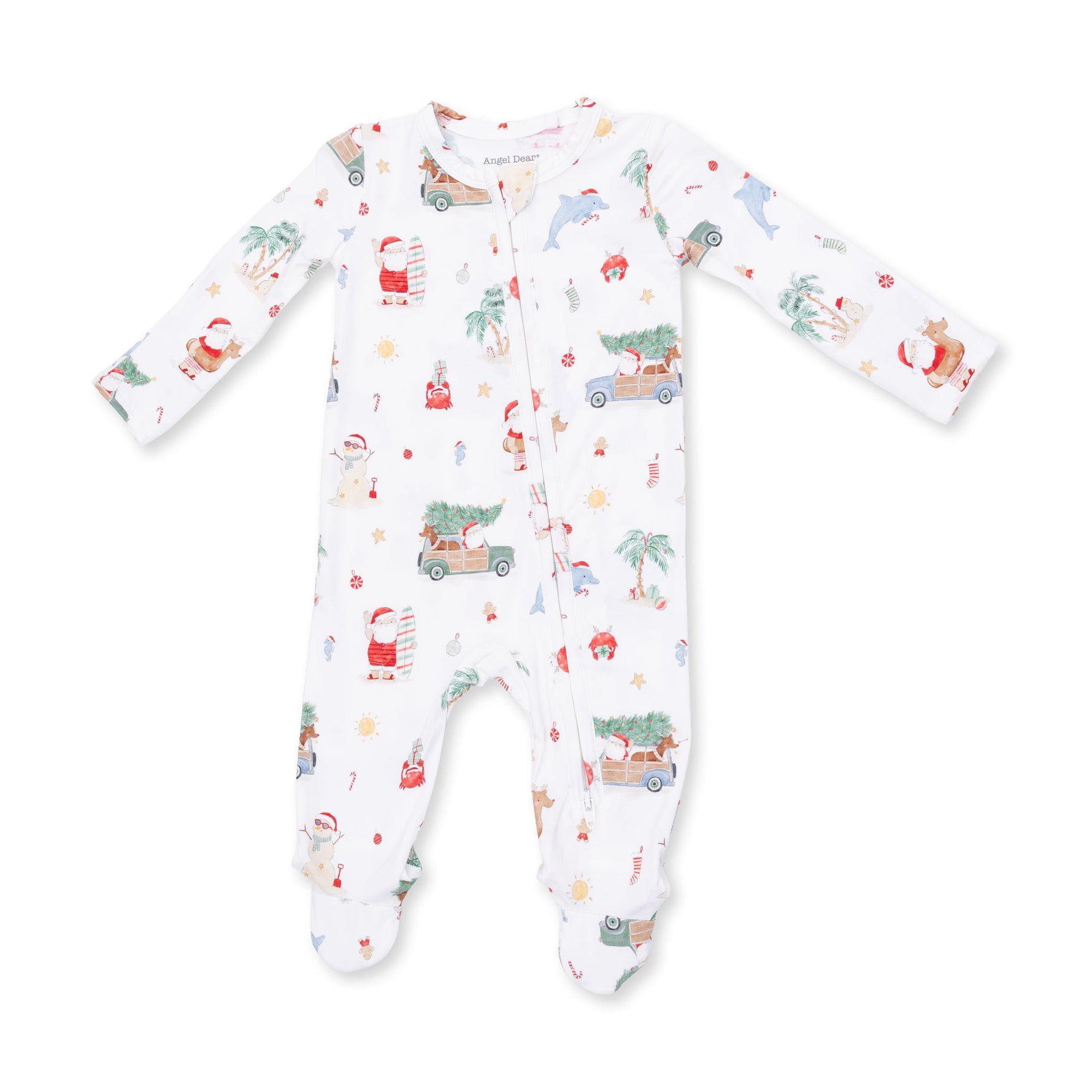 Baby footie pajamas with two-way zipper in a beach Christmas print with grippers on the feet