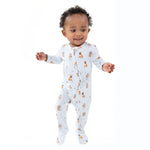 Baby footie with two-way zipper in blue with dog print, fold-over cuffs and footed grippers