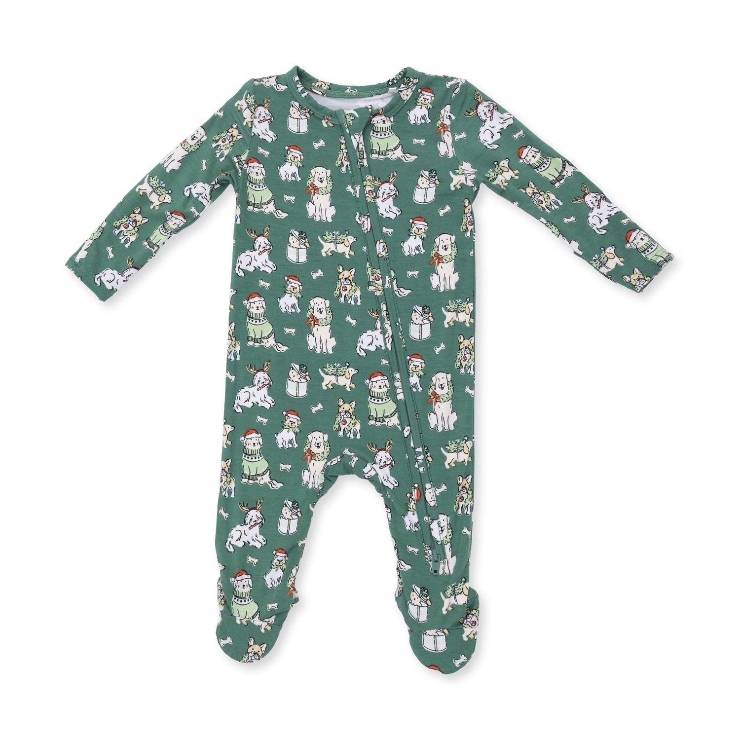 Baby footie pajamas with a Christmas dogs print, two-way zipper down the front, and footed legs with grippers