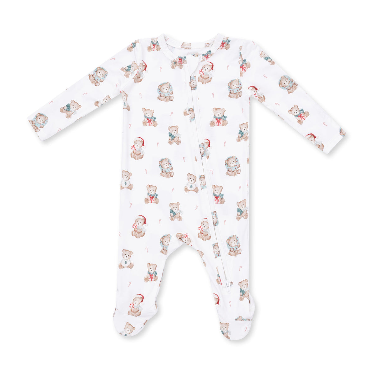 Baby footie pajamas with a Christmas teddy bear print, two-way zipper front and footed legs with grippers