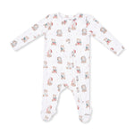Baby footie pajamas with a Christmas teddy bear print, two-way zipper front and footed legs with grippers