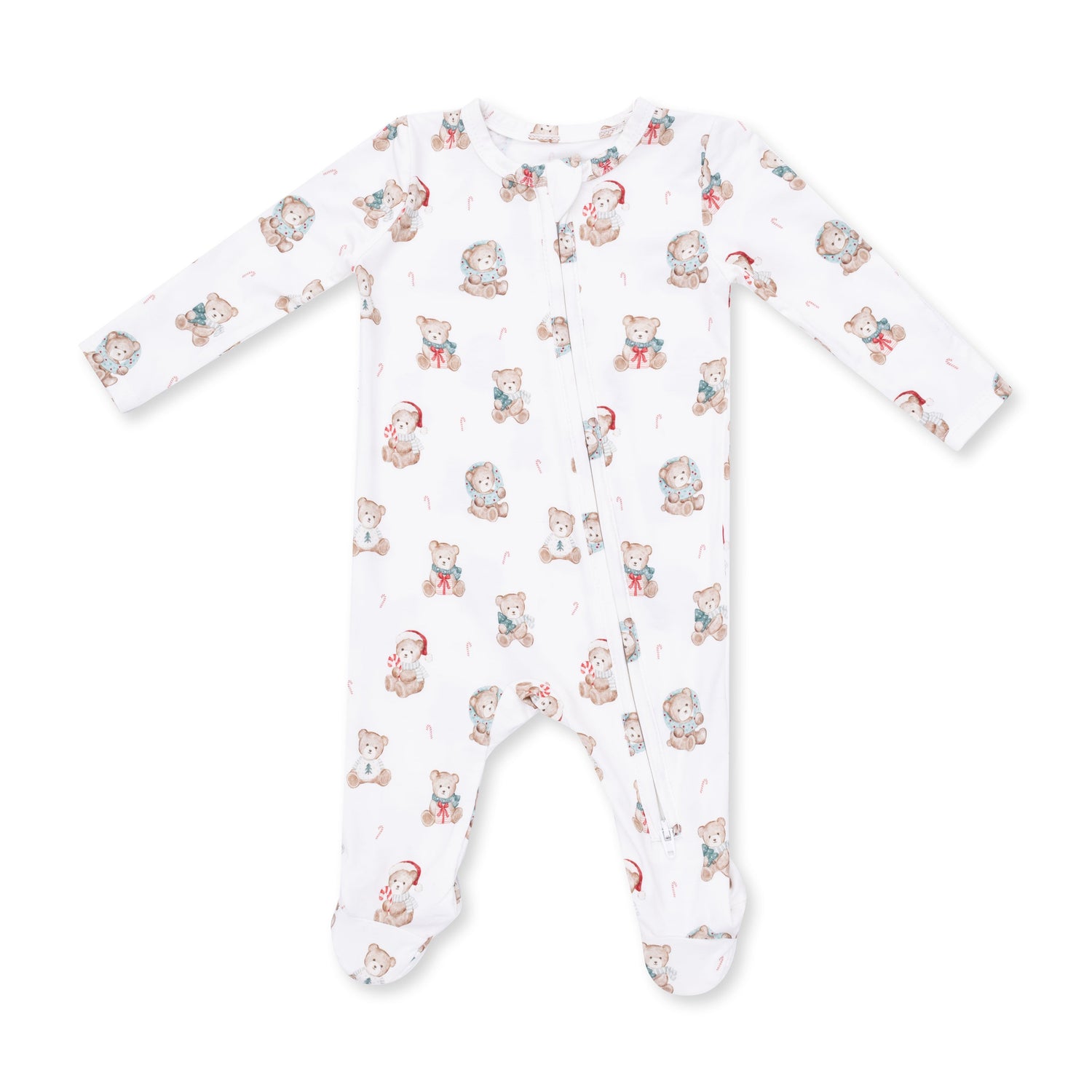 Baby footie pajamas with a Christmas teddy bear print, two-way zipper front and footed legs with grippers