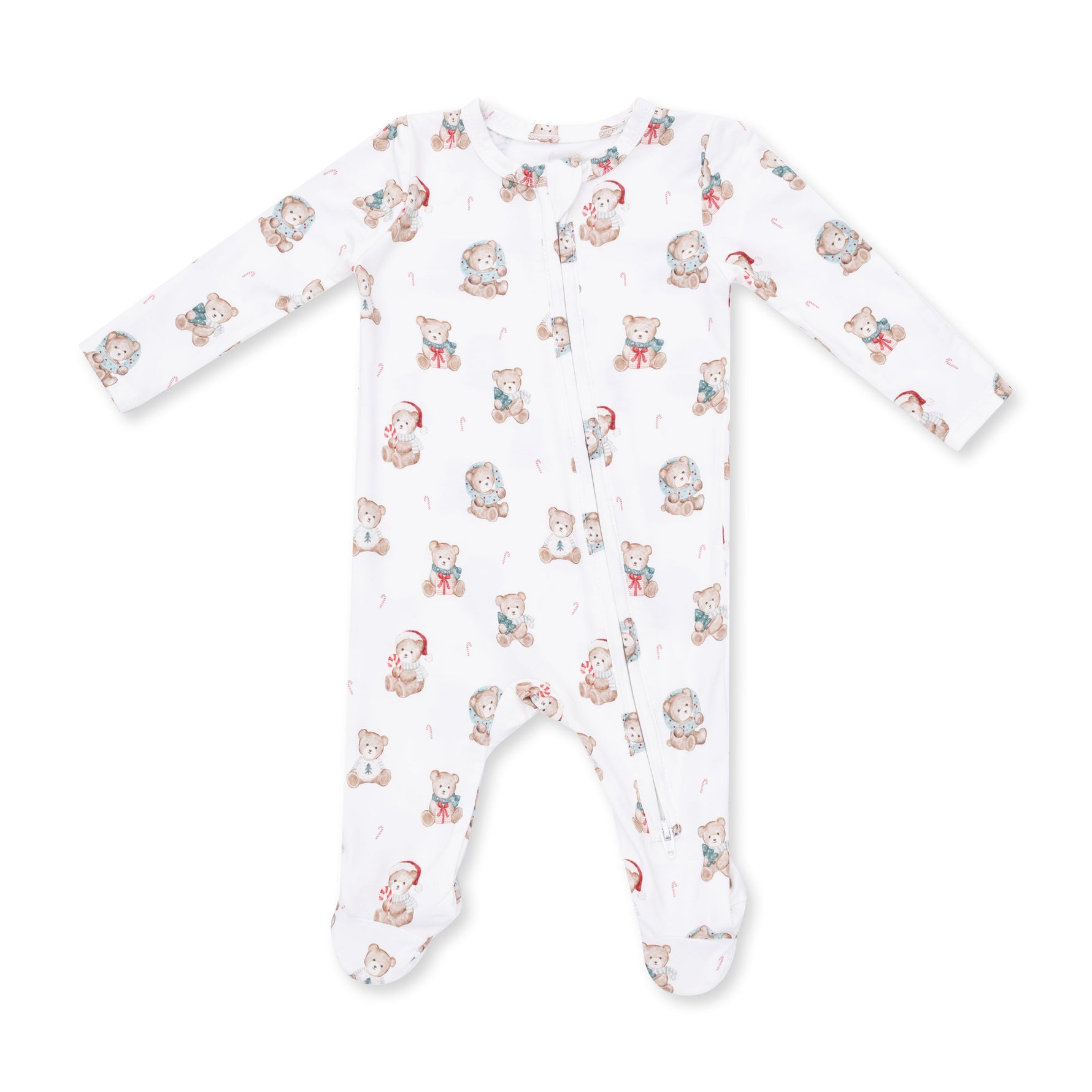 Baby footie pajamas with a Christmas teddy bear print, two-way zipper front and footed legs with grippers
