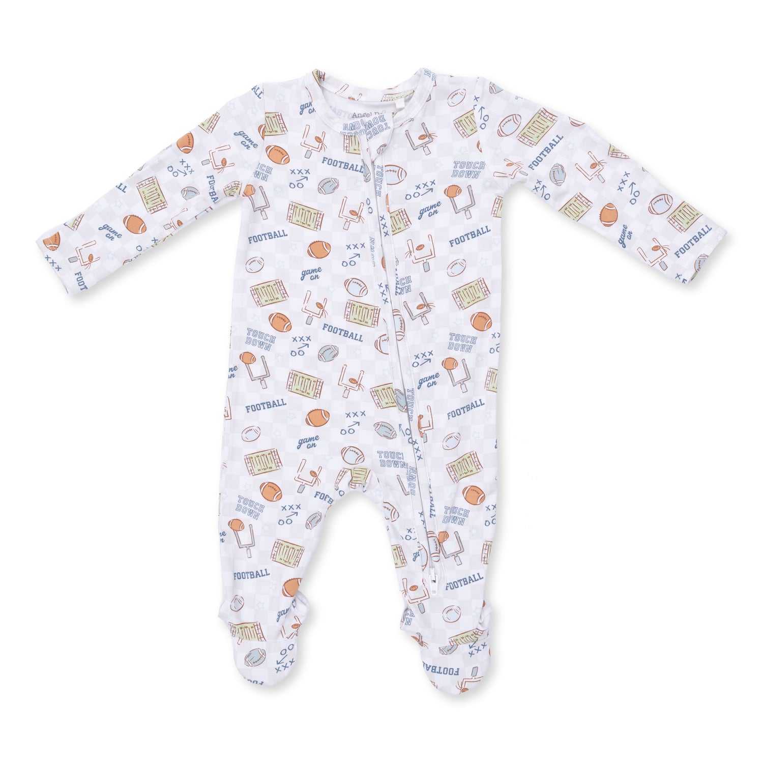 Baby footie pajamas in a football check print with a two-way front zipper and footed legs.
