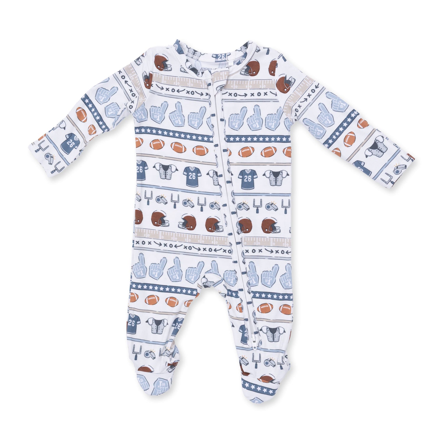 Baby footie pajamas in a football-inspired stripe print with fold-over cuffs and footed grippers