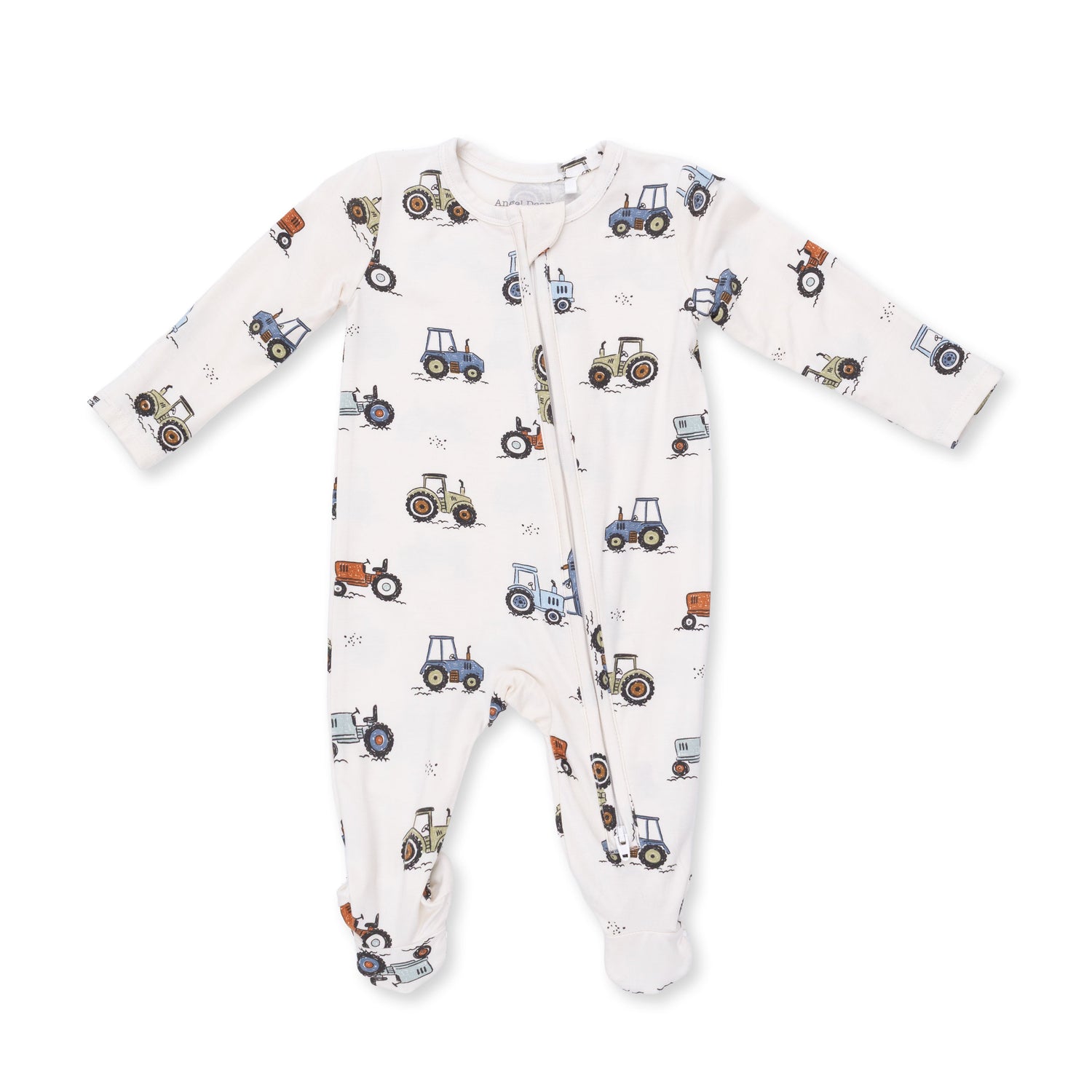 Footie pajamas in the Future Farmer print with fold-over cuffs, footed legs with grippers, and a full-length zipper.