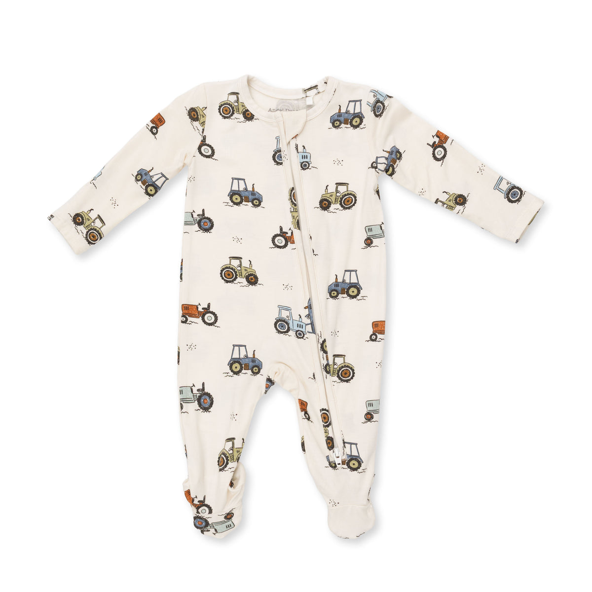 Baby footie with two-way zipper and Future Farmer print, with fold-over cuffs and foot grippers