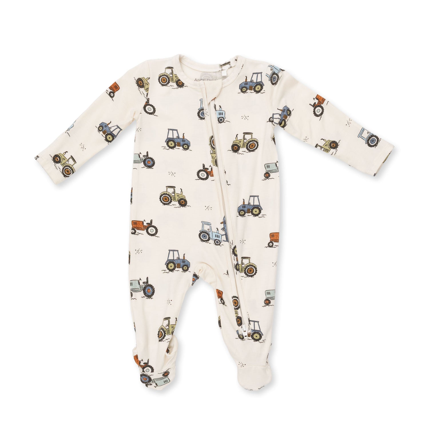 Baby footie with two-way zipper and Future Farmer print, with fold-over cuffs and foot grippers