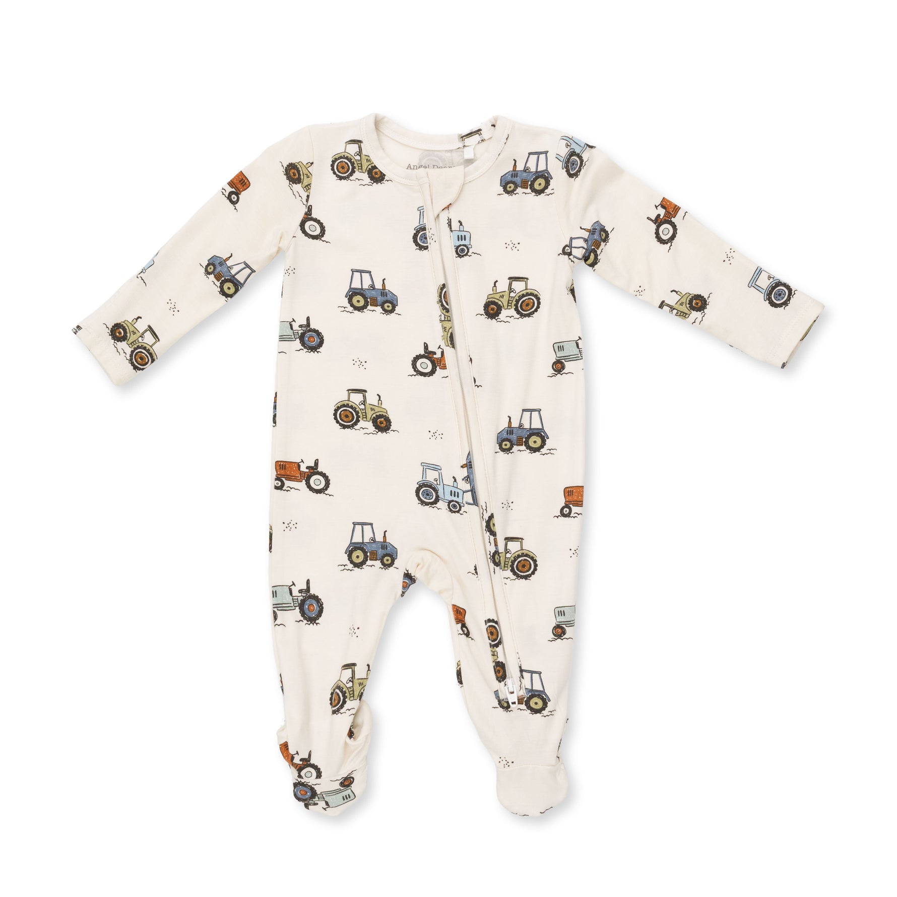 Baby footie with two-way zipper and Future Farmer print, with fold-over cuffs and foot grippers