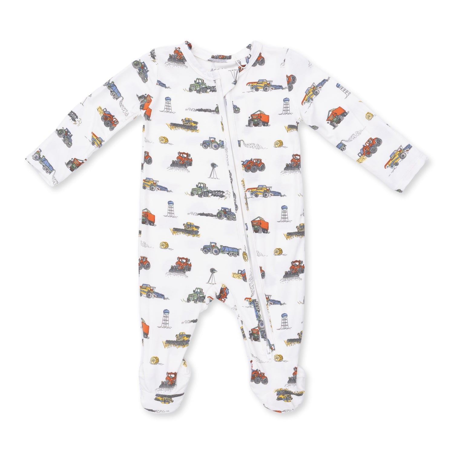 Footie pajamas in a Farm Machines print with tractors and farm equipment, featuring a two-way zipper and footed legs.