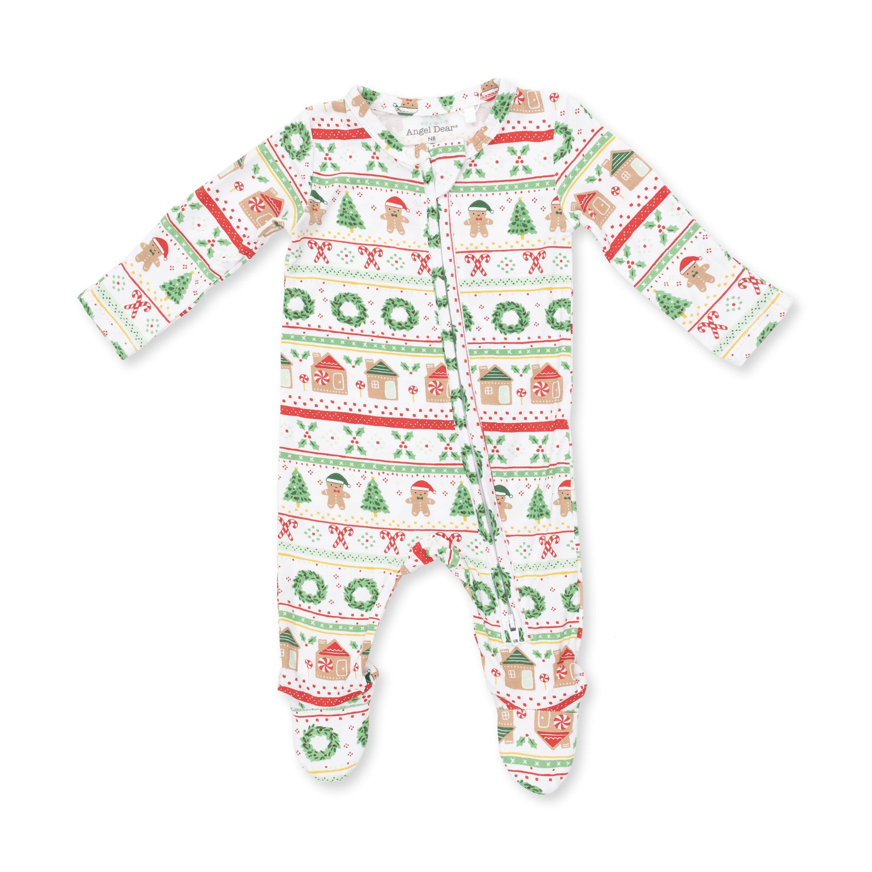 Baby footie pajamas in a gingerbread fair isle print with two-way zipper, fold-over cuffs and footed grippers