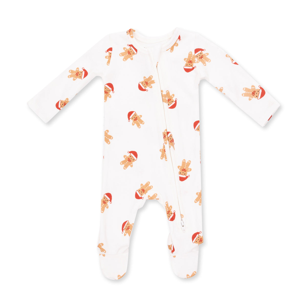 Baby footie pajamas with gingerbread man print, two-way zipper down the front, fold-over cuffs and footed grippers