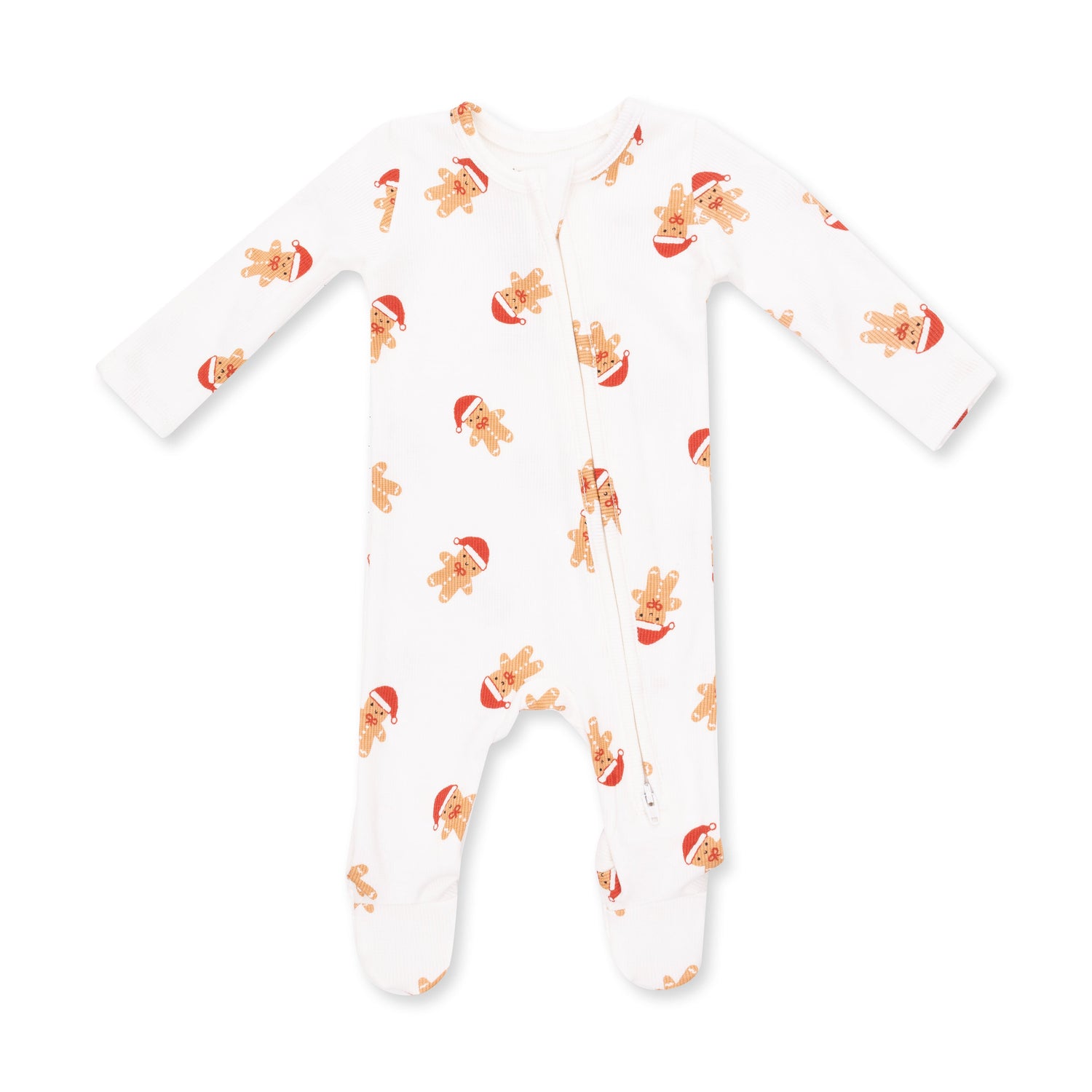 Baby footie pajamas with gingerbread man print, two-way zipper down the front, fold-over cuffs and footed grippers