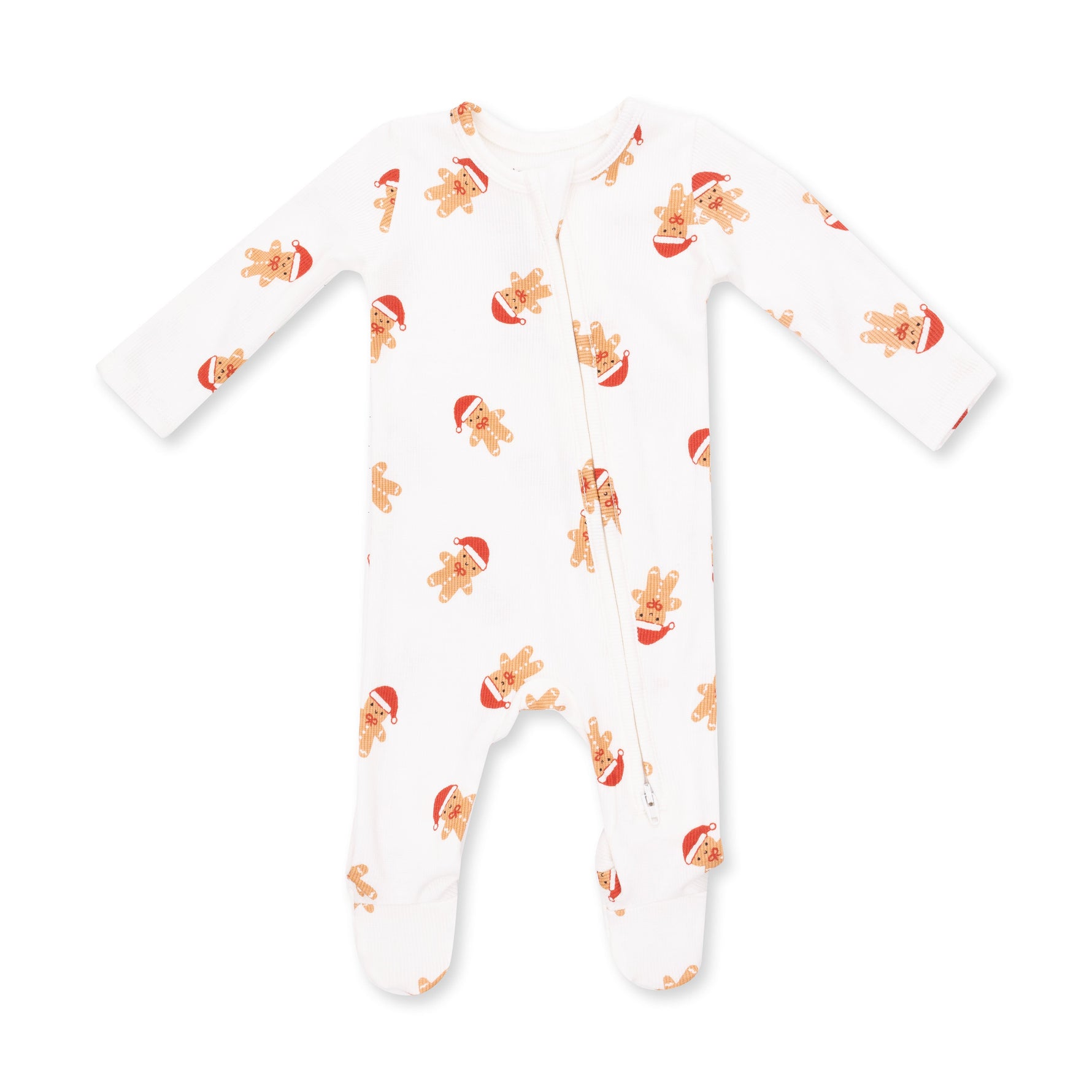 Baby footie pajamas with gingerbread man print, two-way zipper down the front, fold-over cuffs and footed grippers