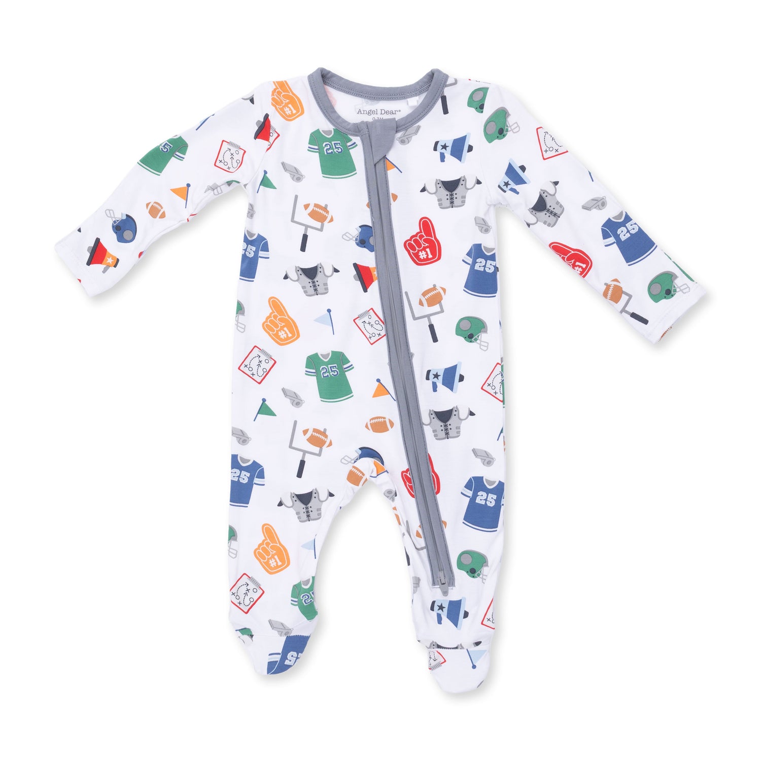 Two-way zipper footie in a Game Day sports print with footed grippers and fold-over cuffs