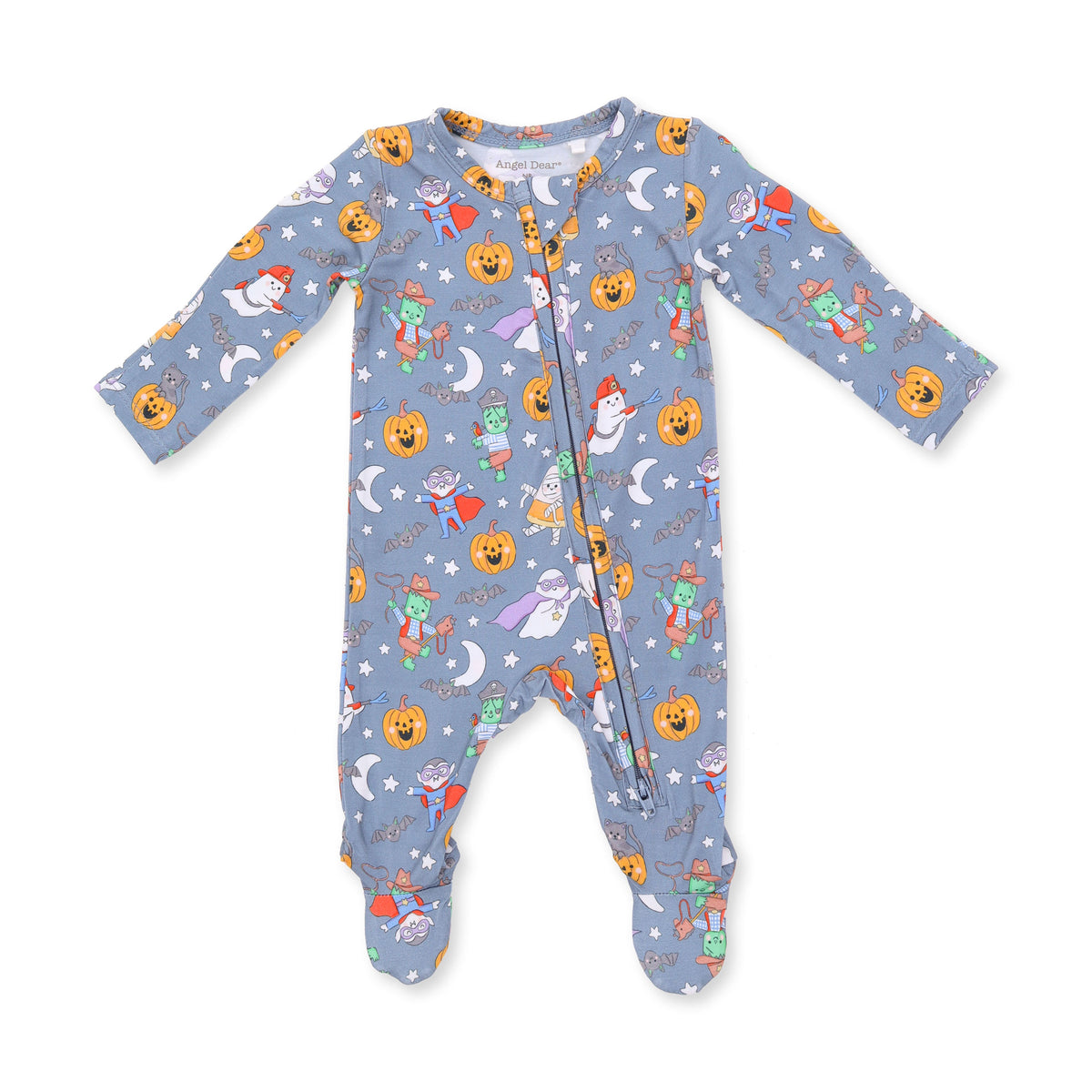 Baby footie pajamas in blue with a Halloween monster dress-up print, two-way zipper and footed legs