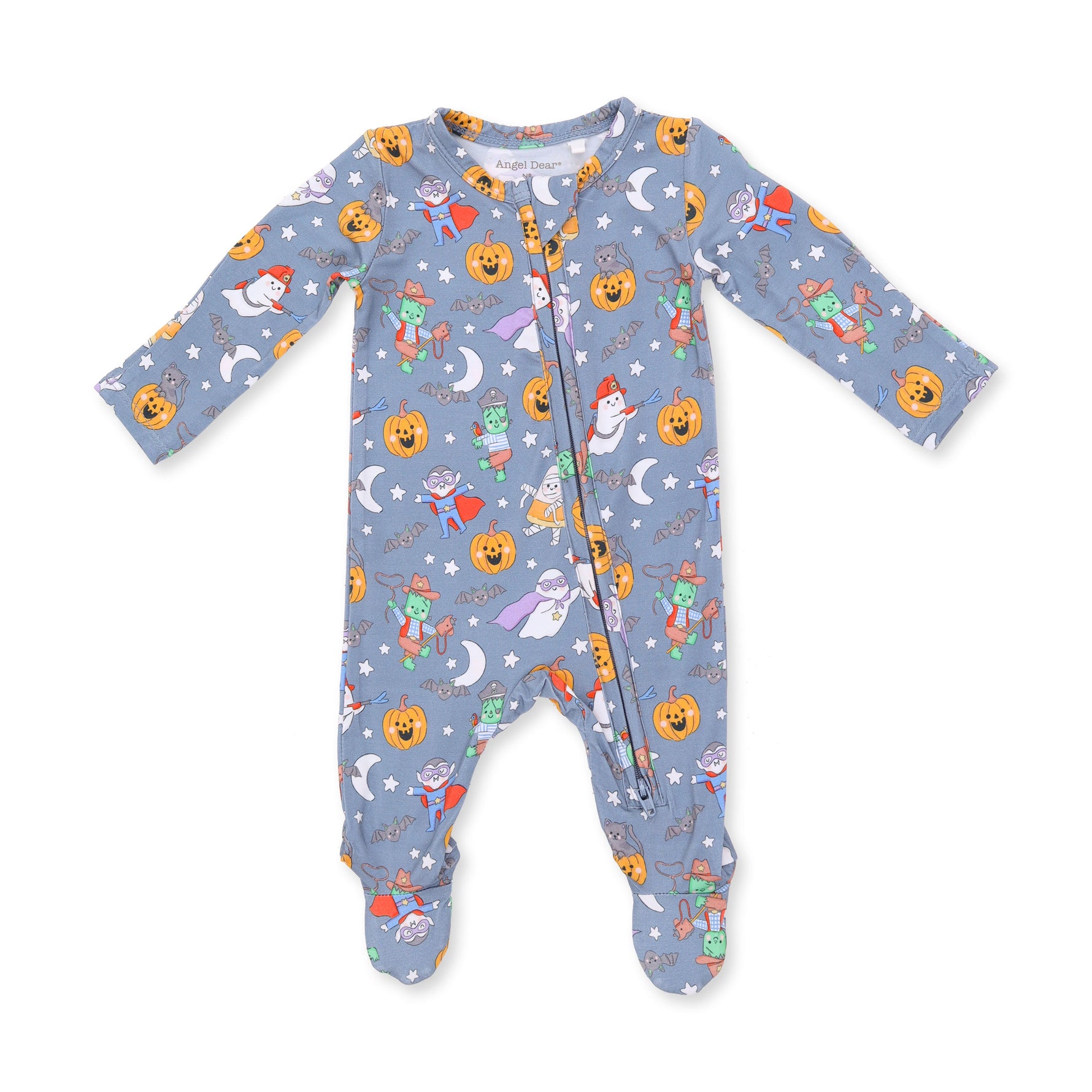 Baby footie pajamas in blue with a Halloween monster dress-up print, two-way zipper and footed legs