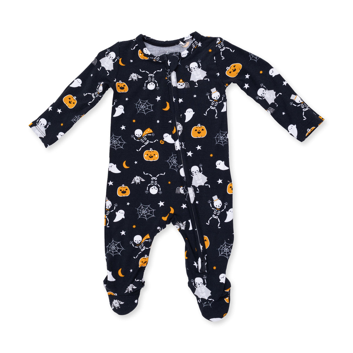 Baby footie pajamas with skeleton buddies Halloween print, two-way zipper, fold-over cuffs and footed grippers