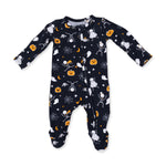 Baby footie pajamas with skeleton buddies Halloween print, two-way zipper, fold-over cuffs and footed grippers