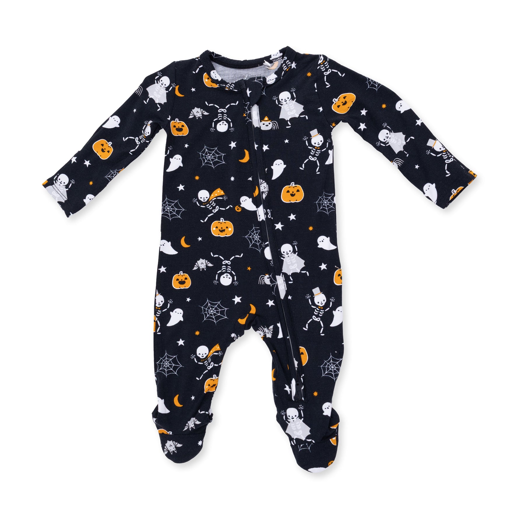 Baby footie pajamas with skeleton buddies Halloween print, two-way zipper, fold-over cuffs and footed grippers