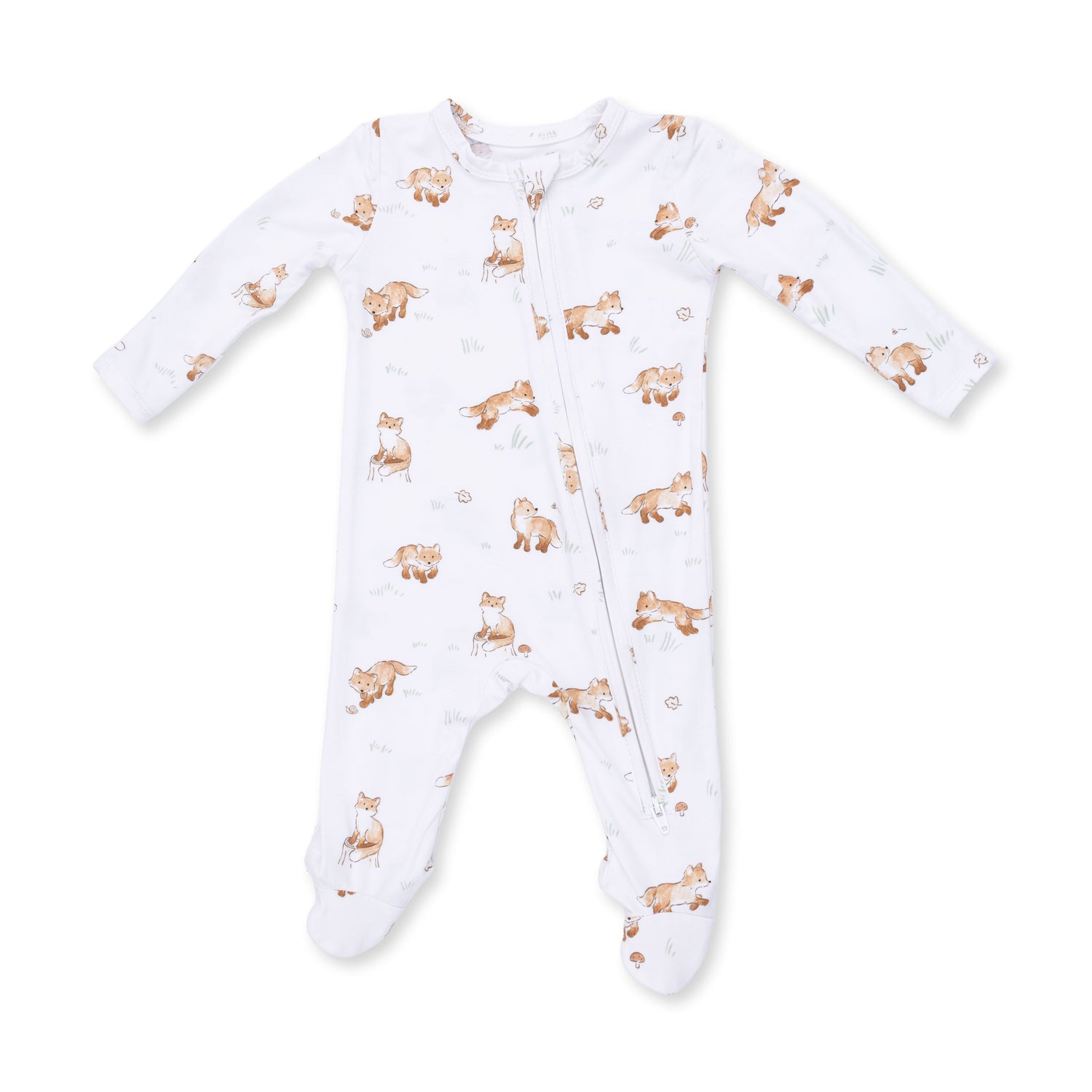 Baby footie pajamas in a little explorer fox print with a two-way zipper and footed legs