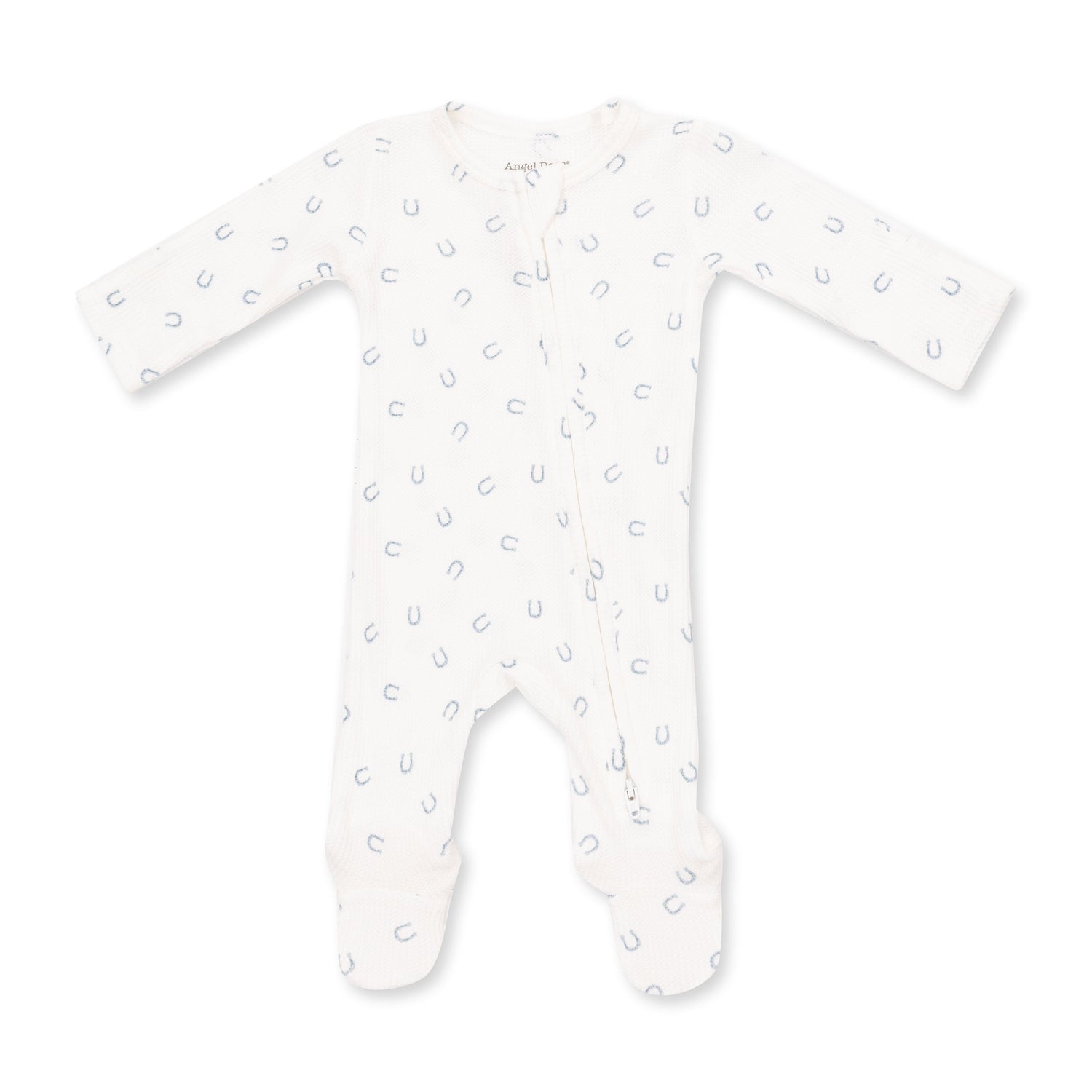 Baby footie pajamas in blue with a little horseshoes print, two-way zipper, and footed grippers