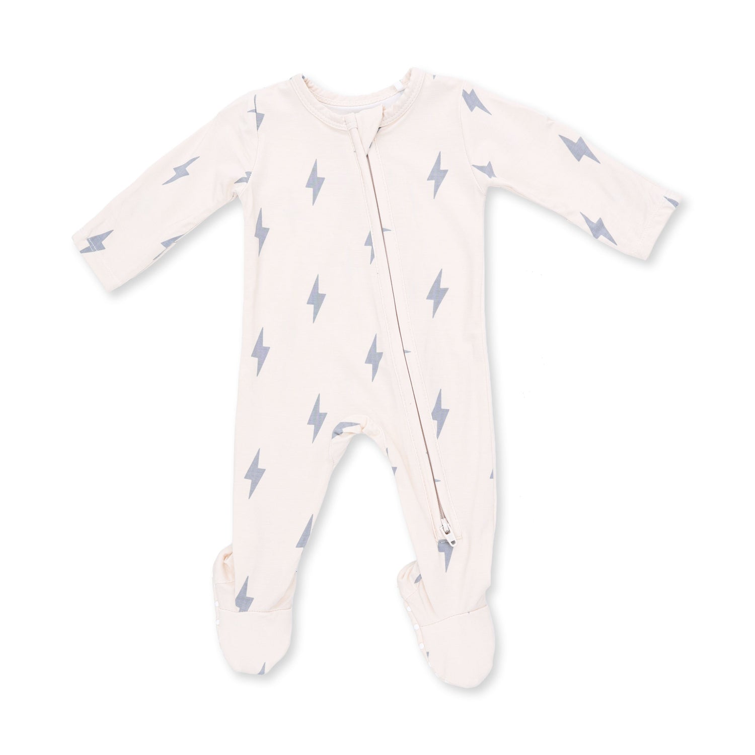 Footie pajamas in a lightning bolt print with a full-length two-way zipper and footed legs