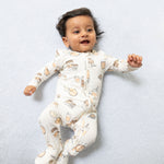 Baby footie with two-way zipper and coffee-inspired Love You A Latte print, with footed grippers.