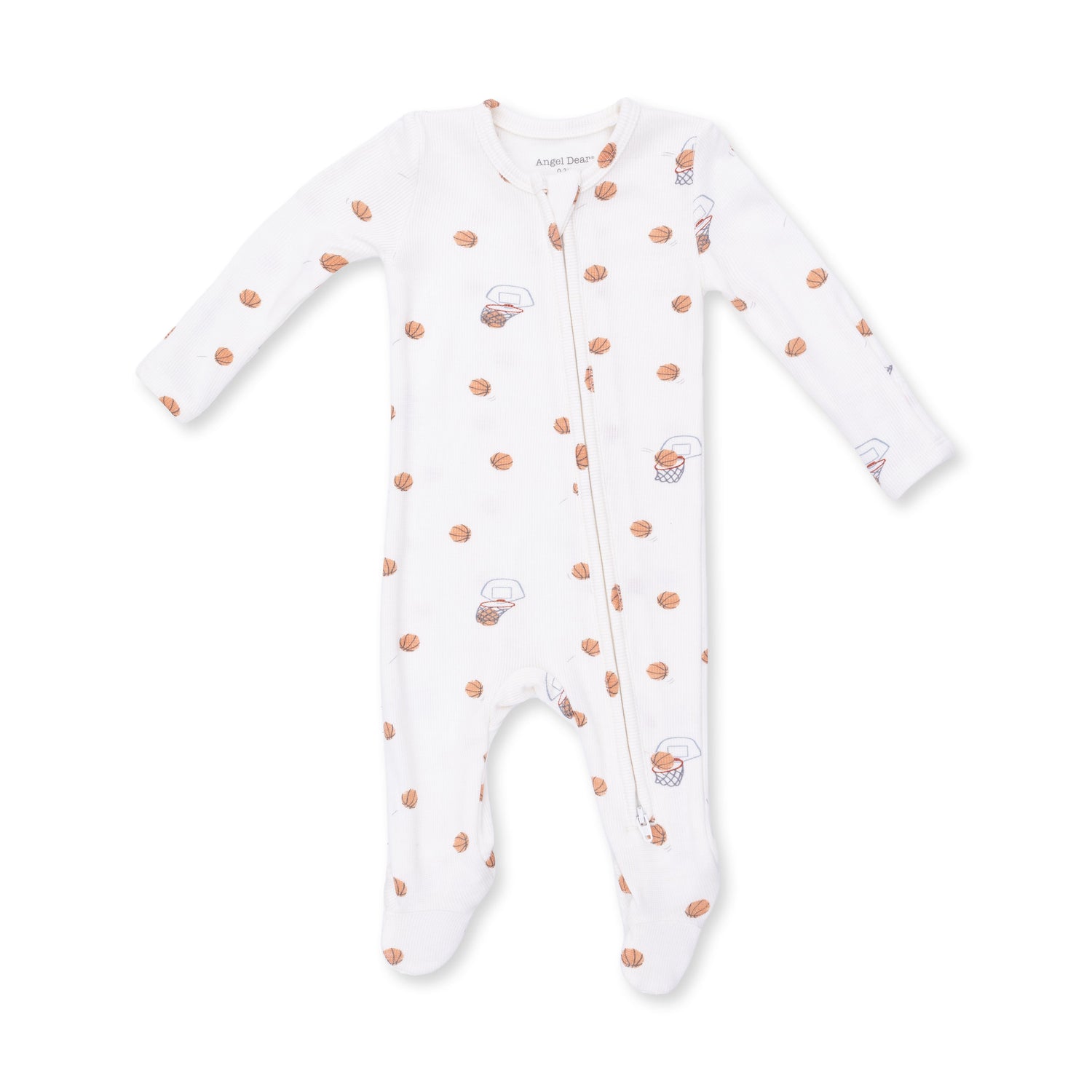 Baby footie pajamas in a mini basketballs print with two-way zipper and footed legs