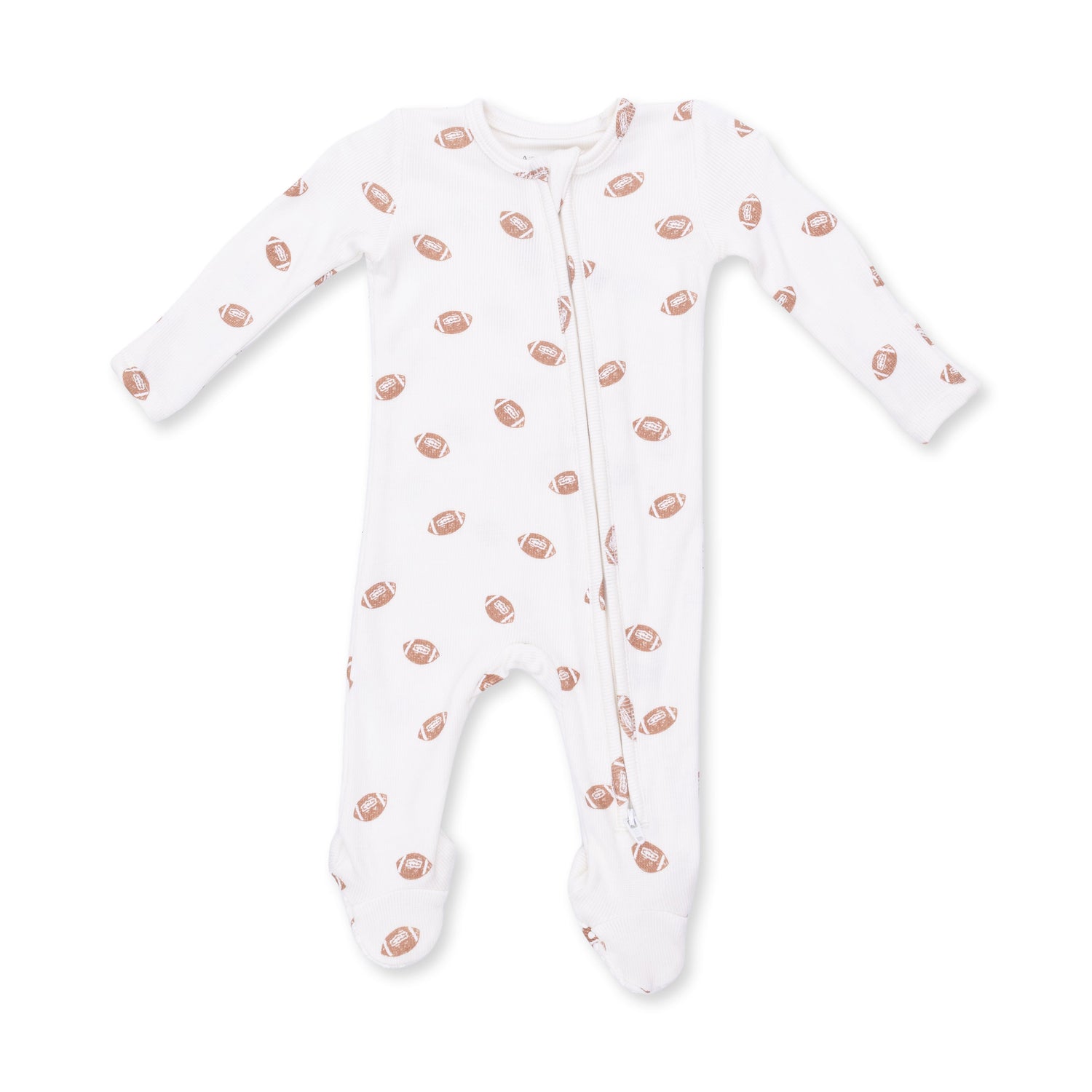 Baby footie pajamas in a mini footballs print with a full-length two-way zipper and footed legs.