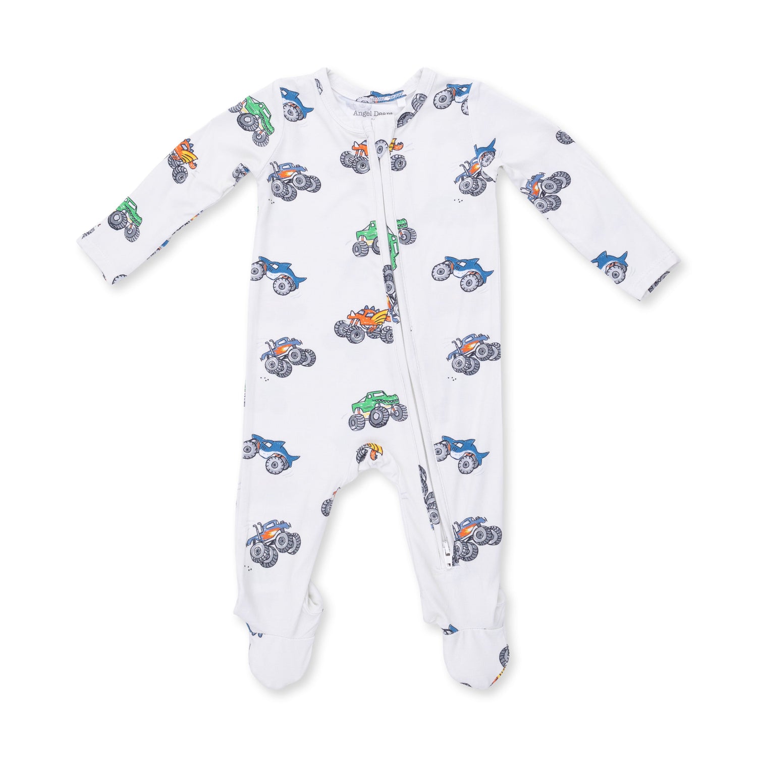 Footie pajamas in a monster truck print with a full-length two-way zipper and footed legs.