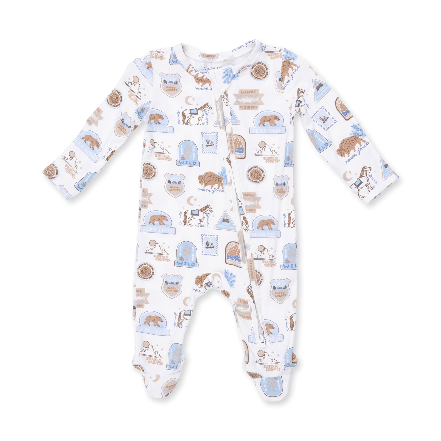Footie pajamas in a National Parks Adventure print with a full two-way front zipper and footed legs