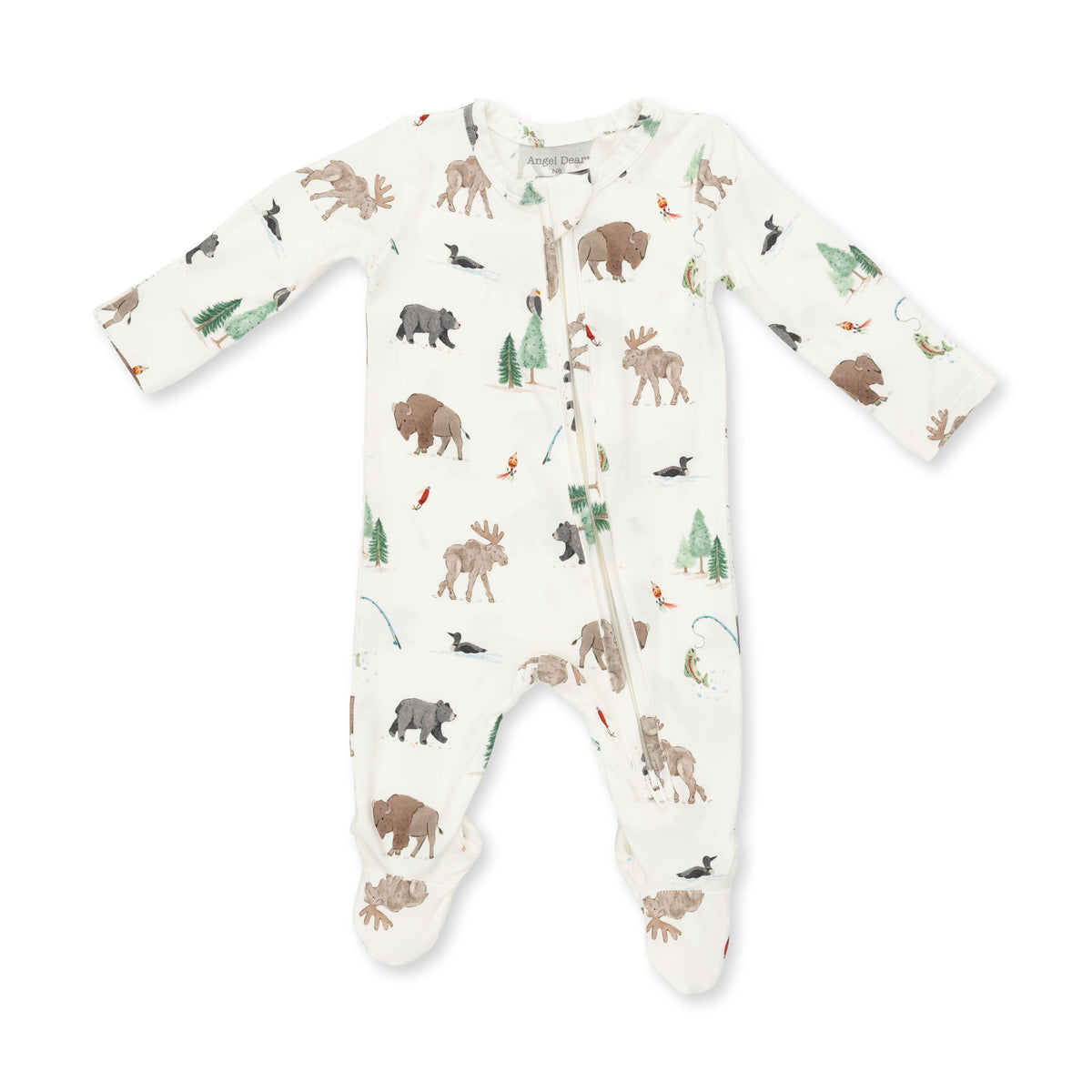 Baby footie pajamas with two-way zipper and northern woodland animals print