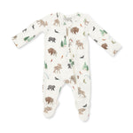 Baby footie pajamas with two-way zipper and northern woodland animals print