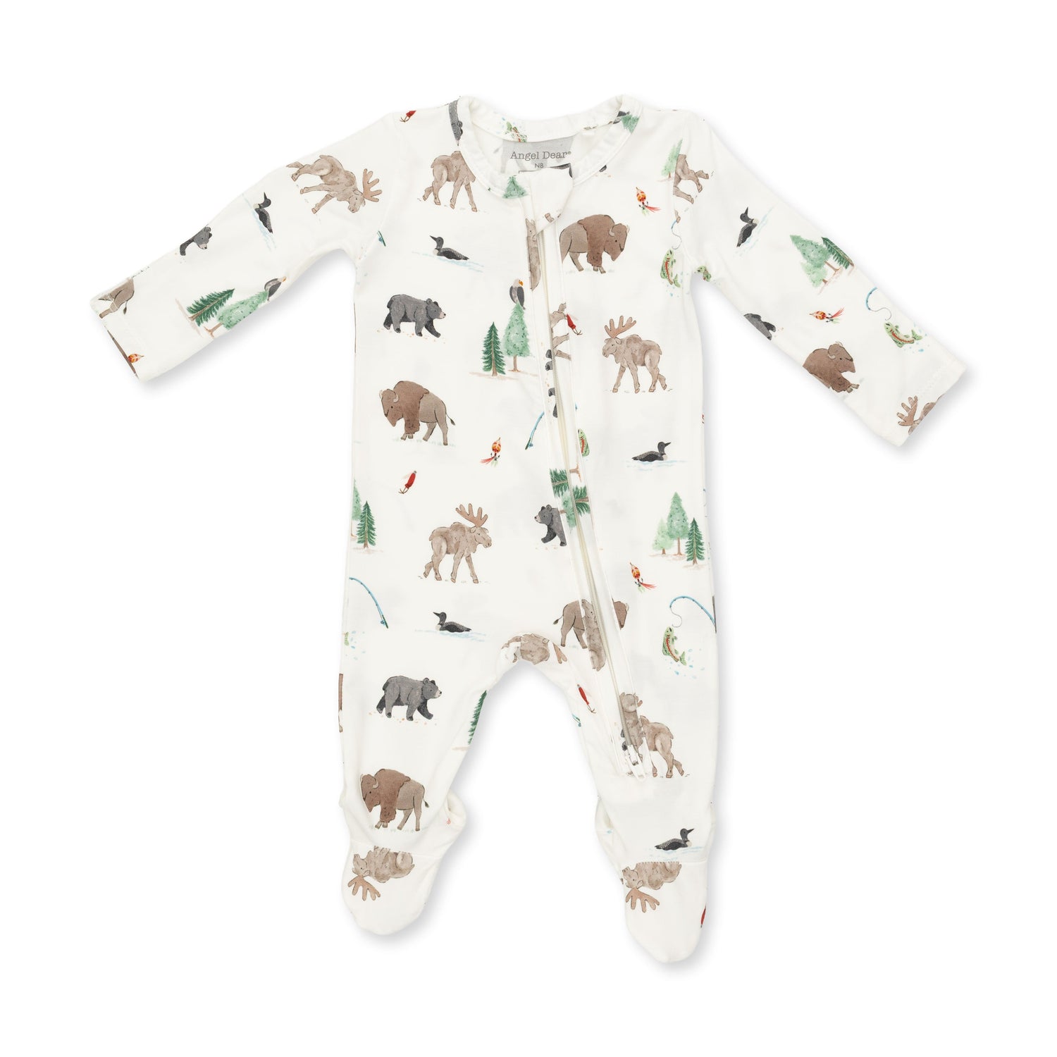 Baby footie pajamas with two-way zipper and northern woodland animals print