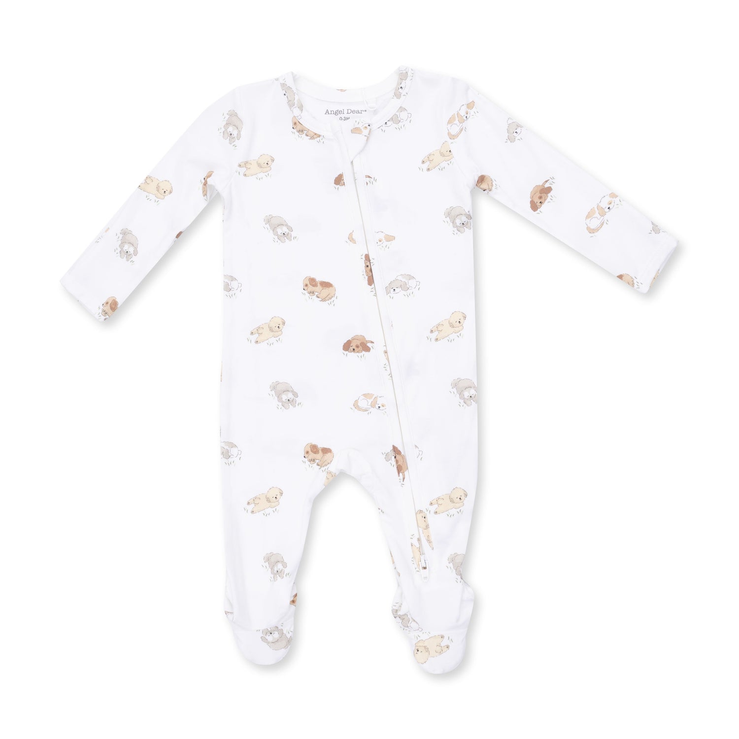 Baby footie pajamas in a puppy print with a full two-way zipper and footed legs with grippers.