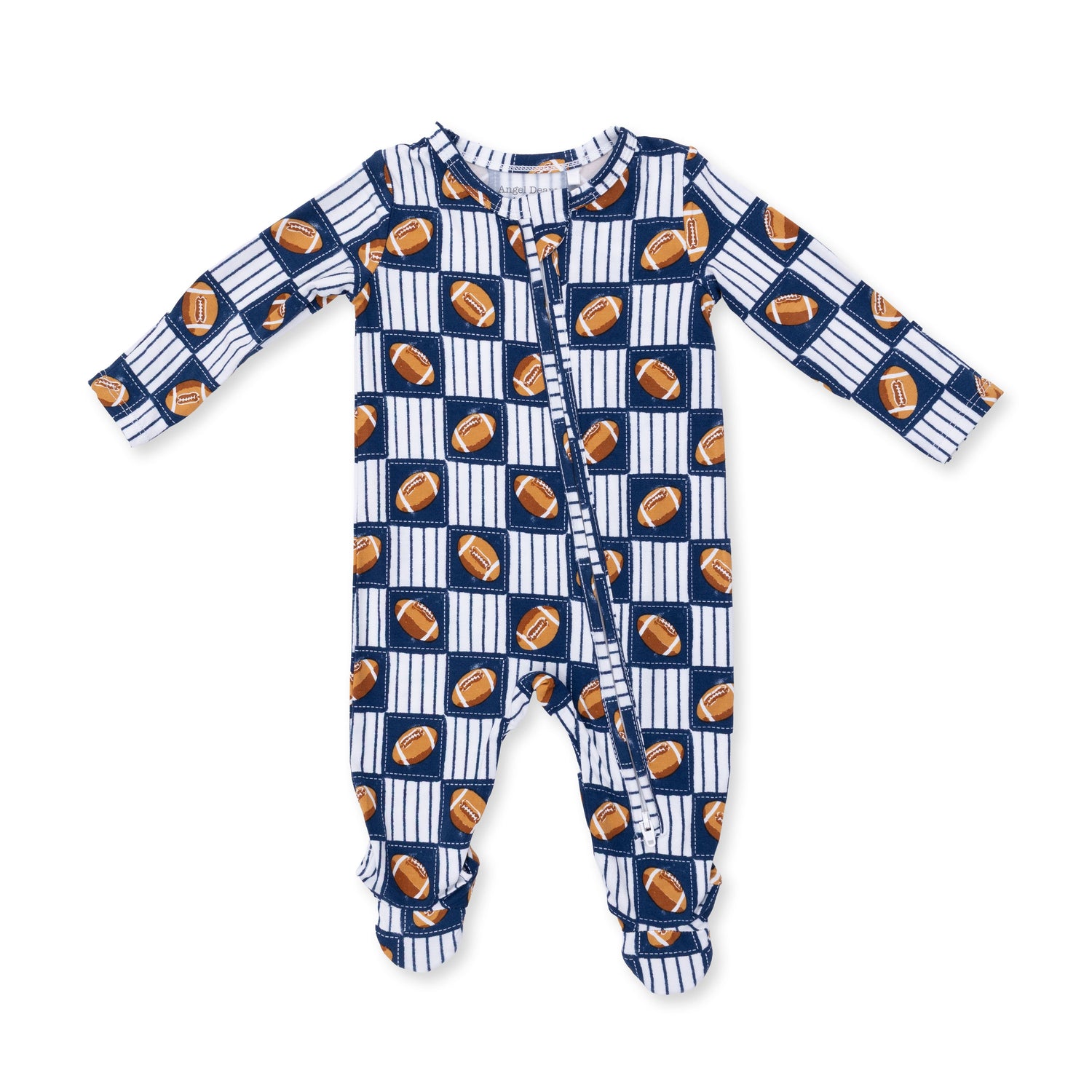 Baby footie pajamas in a football patchwork print with two-way zipper, footed legs with grippers, and fold-over cuffs.