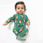Baby footie with two-way zipper and gripper feet in a spice-jar-inspired print
