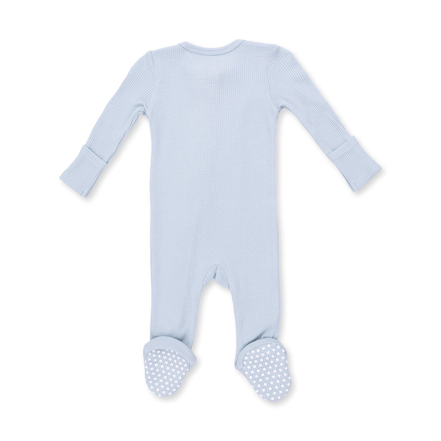 Solid baby blue footed baby pajamas with a full-length two-way zipper and waffle-textured fabric
