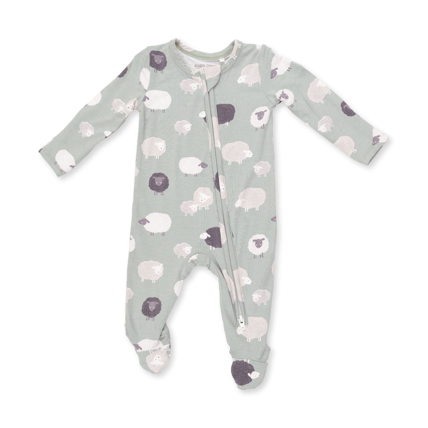 Footie pajamas in a black sheep print with a two-way front zipper and gripper feet