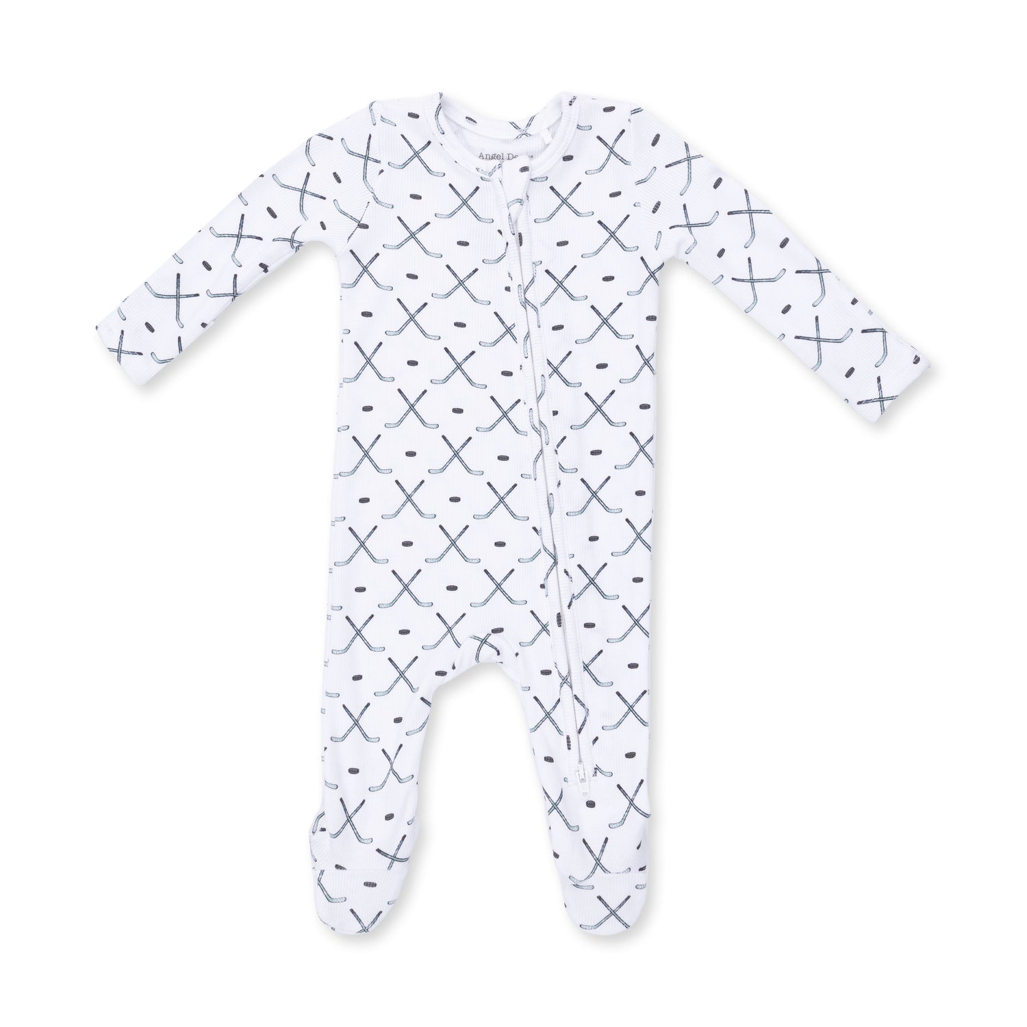 Baby footie pajamas in a simple hockey print with a full-length two-way zipper and footed legs.