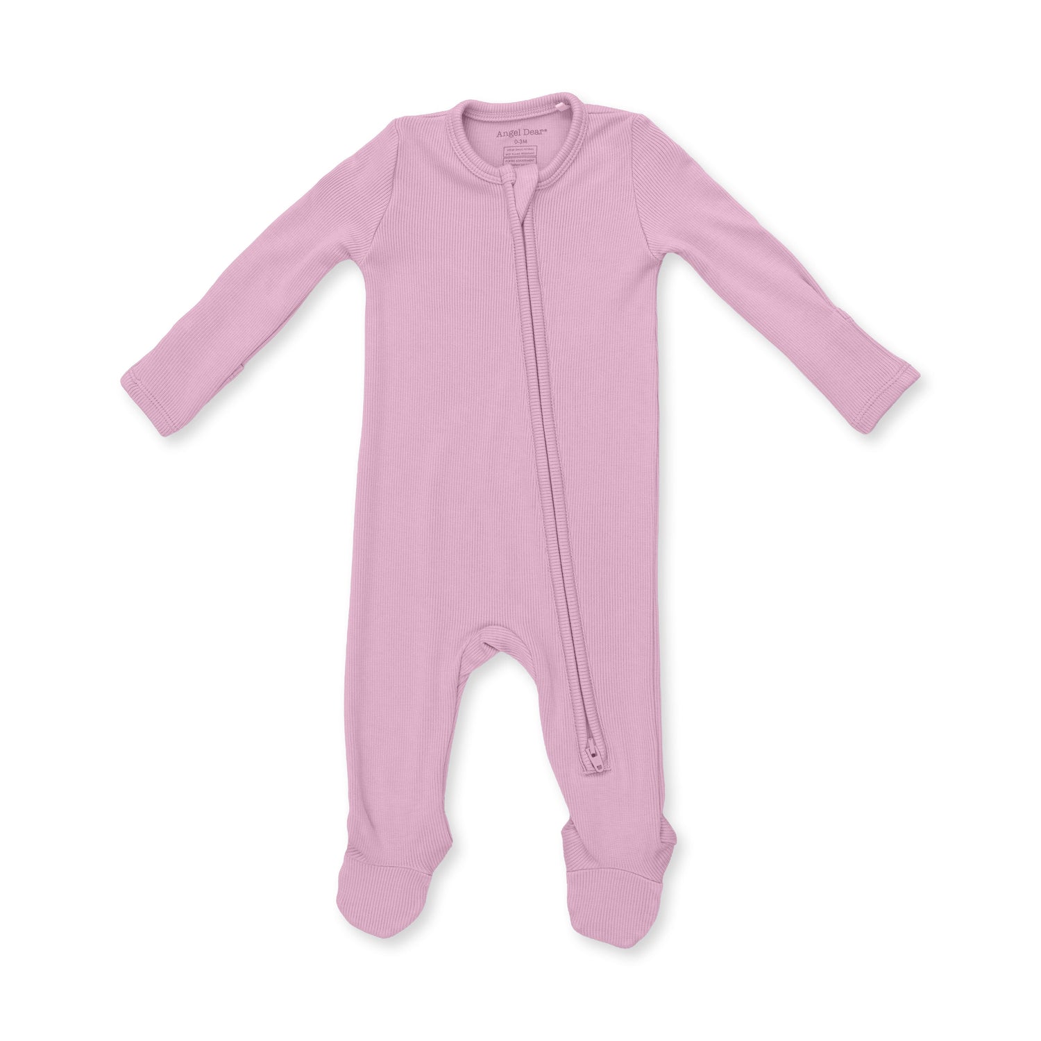 Baby footie pajamas in solid lilac with a full-length two-way zipper and footed legs with grippers.
