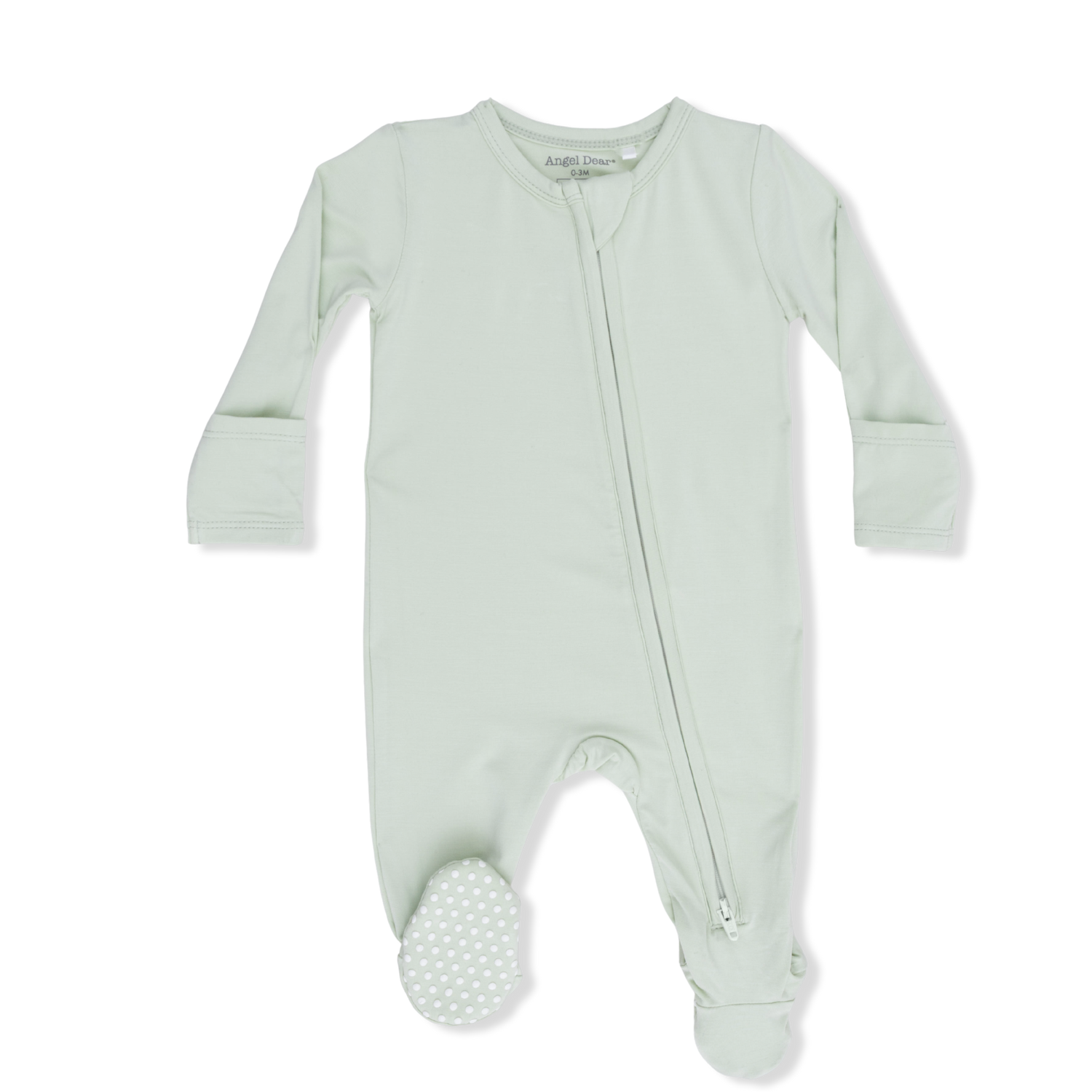 Baby footie pajamas in solid milky green with full-length two-way zipper and footed legs
